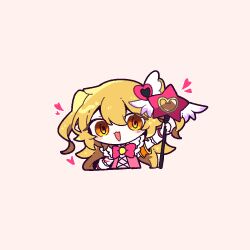  :3 blonde_hair blush bow bowtie chibi don_quixote_(project_moon) e.g.o_(project_moon) female holding holding_wand in_the_name_of_love_and_hate_(e.g.o) limbus_company lobotomy_corporation_(identity)_(project_moon) long_hair long_sleeves looking_at_viewer open_mouth pink_bow pink_bowtie pink_vest project_moon shirt smile solo two_side_up vest wand white_shirt x_c_om yellow_eyes 