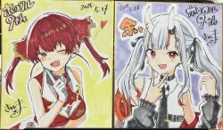  2girls :d ;d bare_shoulders black_jacket black_necktie black_ribbon blush breasts brown_leotard collared_shirt commentary_request dated dress gloves grey_hair hair_ribbon heart highres hololive horns houshou_marine houshou_marine_(1st_costume) jacket kiritoma large_breasts leotard leotard_under_clothes long_hair long_sleeves looking_at_viewer multicolored_hair multiple_girls nakiri_ayame nakiri_ayame_(streetwear) necktie oerba_yun_fang off_shoulder one_eye_closed oni open_clothes open_jacket outline photo_(medium) puffy_long_sleeves puffy_sleeves red_eyes red_hair red_jacket red_ribbon red_skirt ribbon shirt signature skirt sleeveless sleeveless_dress sleeveless_jacket smile traditional_media translation_request twintails two-tone_hair upper_body very_long_hair virtual_youtuber white_gloves white_outline white_shirt yellow_eyes 