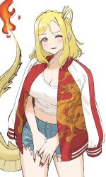  absurdres blonde_hair blush braid breasts cleavage collarbone commentary_request cowboy_shot cutoffs denim denim_shorts dragon_tail dunchy female fingernails fire hair_rings highres jacket jacket_on_shoulders large_breasts long_fingernails long_hair looking_at_viewer love_live! love_live!_sunshine!! midriff navel ohara_mari one_eye_closed open_clothes open_jacket red_jacket shirt short_shorts shorts simple_background single_hair_ring smile solo standing stomach tail thighs translation_request white_background white_shirt 