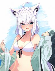  ahoge alternate_costume animal_ear_fluff animal_ear_piercing animal_ears bare_shoulders bikini blush braid breasts cleavage collarbone fox_ears fox_girl green_eyes hair_between_eyes highres hololive jacket large_breasts long_hair long_sleeves namikawa_kuroha navel open_clothes open_jacket open_mouth shirakami_fubuki side_braid stomach sweat swimsuit very_long_hair virtual_youtuber white_bikini white_hair 