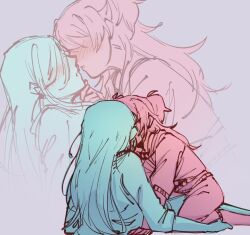  2girls blue_hair blush commentary emotsper english_commentary highres hinomori_shizuku imminent_kiss kissing limited_palette long_hair long_sleeves momoi_airi multiple_girls pants parted_lips pink_hair project_sekai purple_background simple_background straddling two_side_up yuri 