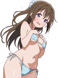  bikini blue_bikini blue_eyes breasts brown_hair commentary_request cowboy_shot dutch_angle embarrassed female from_below half_updo hands_on_own_chest love_live! love_live!_nijigasaki_high_school_idol_club medium_breasts mukiryoku_bato navel osaka_shizuku side-tie_bikini_bottom simple_background solo standing swimsuit white_background 