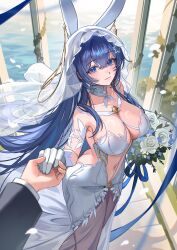  1other absurdly_long_hair absurdres animal_ears ariko_(aaaaarik) ass azur_lane backless_dress backless_outfit blue_eyes blue_hair blue_ribbon bouquet breasts bridal_veil butt_crack cleavage commander_(azur_lane) commentary dress fake_animal_ears female flower from_side gloves hair_ornament highres holding holding_bouquet large_breasts long_hair long_sleeves looking_at_viewer new_jersey_(azur_lane) new_jersey_(snow-white_ceremony)_(azur_lane) official_alternate_costume rabbit_ears ribbon rose see-through_clothes see-through_dress star_(symbol) star_hair_ornament symbol-only_commentary veil very_long_hair wedding_dress white_dress white_flower white_gloves white_rose 