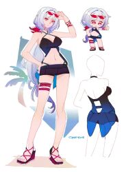  adjusting_eyewear artist_name bikini bikini_under_shorts black_bikini black_shorts blue_hair breasts chibi cleavage crae_(craeyone) elf elysia_(honkai_impact) eyewear_on_head female herrscher_of_corruption highres honkai_(series) honkai_impact_3rd large_breasts long_hair multiple_views navel palm_tree pointy_ears red_eyes sandals short_shorts shorts simple_background stomach sunglasses swimsuit thigh_strap thumbs_up toes tree white_background 