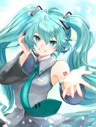  ahoge aqua_eyes aqua_hair armpits asaki_(bluemoonstone) black_skirt breasts collared_shirt female grey_shirt grin hair_between_eyes hair_ornament hand_on_headphones hatsune_miku headphones highres long_hair long_sleeves medium_breasts number_tattoo parted_lips pleated_skirt reaching reaching_towards_viewer shirt skirt sleeveless sleeveless_shirt smile solo tattoo twintails very_long_hair vocaloid 