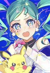  1other absurdres aqua_eyes aqua_hair bandaid bandaid_on_face bare_shoulders blush collarbone crying crying_with_eyes_open detached_sleeves earrings female hatsune_miku heart heart_in_eye highres higuluma holding holding_poke_ball jewelry long_hair long_sleeves love_ball official_alternate_costume official_alternate_hairstyle open_mouth pikachu pink_nails poke_ball pokemon project_voltage symbol_in_eye tears twintails vocaloid volt_tackle_(vocaloid) 