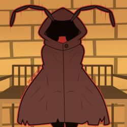  1:1 2025 ambiguous_gender antennae_(anatomy) anthro arthropod artist_name biped brown_clothing character_request cloak clothed clothing digital_drawing_(artwork) digital_media_(artwork) front_view hi_res hood insects outline oxyoxyoxyox silhouette sitting solo text 