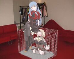  2girls ascot bang_dream! bang_dream!_it&#039;s_mygo!!!!! black_ascot black_boots black_corset black_dress black_pantyhose blue_brooch blue_hair boots brown_corset cage chinese_commentary closed_mouth commentary_request corset crossed_legs doloris_(bang_dream!) dress drooling grey_socks hair_ribbon highres in_cage kneehighs long_hair long_sleeves misumi_uika mouth_drool multiple_girls oblivionis_(bang_dream!) open_mouth pantyhose photo-referenced photo_background red_shirt ribbon shirt short_hair short_sleeves socks togawa_sakiko y_iris30 yellow_eyes yuri 