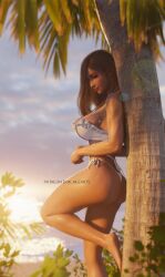 3d against_tree ass barefoot beach bikini black_hair breasts commentary earrings evening female final_fantasy final_fantasy_vii final_fantasy_vii_rebirth final_fantasy_vii_remake frilled_bikini frills from_side highleg highleg_bikini highres jewelry large_breasts looking_down navel ocean official_alternate_costume official_alternate_hairstyle outdoors palm_tree patreon_username red_eyes ria_(baka-neearts) side-tie_bikini_bottom smile solo sunset swimsuit symbol-only_commentary tifa_lockhart tifa_lockhart_(shining_spirit) tree white_bikini 