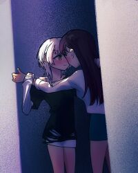  2girls bang_dream! bang_dream!_it&#039;s_mygo!!!!! black_shirt blue_skirt blush brown_hair chinese_commentary closed_mouth commentary_request holding_another&#039;s_wrist kaname_raana layered_sleeves long_hair long_sleeves medium_hair mole mole_under_eye multiple_girls nekohige0123 shiina_taki shirt short_over_long_sleeves short_sleeves skirt smile torn_clothes torn_shirt white_hair white_shirt white_skirt yellow_eyes yuri 