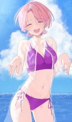  arimura_mao bikini blue_sky blush breasts cleavage closed_eyes cloud cloudy_sky day female gakuen_idolmaster highres idolmaster long_sleeves medium_hair navel ocean open_clothes open_mouth open_shirt outdoors pink_bikini pink_hair see-through_clothes see-through_shirt shirt sky smile solo stomach swimsuit thighs tsui_(dfjw5724) white_shirt 
