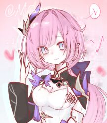  blue_eyes breasts chinese_commentary cleavage commentary_request corset elf elysia_(honkai_impact) elysia_(miss_pink_elf)_(honkai_impact) female hair_ornament heart highres honkai_(series) honkai_impact_3rd large_breasts long_hair mo_2 musical_note pink_background pink_pupils pointy_ears shrug_(clothing) smile solo upper_body white_corset 