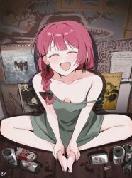  asahi_breweries barefoot bocchi_the_rock! braid brand_name_imitation can chinese_commentary closed_eyes collarbone commentary_request dress earrings female green_dress haidao_mao highres hiroi_kikuri jewelry long_hair oerba_yun_fang open_mouth poster_(object) purple_hair single_braid sitting solo strap_slip teeth 