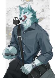  anthro athletic athletic_anthro athletic_male avian bag beak bird black_body black_bottomwear black_clothing black_nose black_pants black_shirt black_topwear blue_body blue_eyes blue_fur bottomwear brand_new_animal button_(fastener) canid canine canis cellphone cheek_tuft clock clothed clothing corvid corvus_(genus) crow duo dxmdwq764027 electronics facial_tuft feathers fur grey_clothing grey_shirt grey_topwear half-length_portrait hi_res holding_object holding_phone humanoid_hands kuro_(brand_new_animal) licking licking_lips long_pants looking_aside looking_away male mammal multicolored_body multicolored_fur neck_tuft open_mouth oscine pants passerine phone portrait rolled_up_sleeves satchel shirou_ogami shirt simple_background smartphone solo studio_trigger teeth tongue tongue_out topwear tuft two_tone_body two_tone_fur veiny_arms watch white_background white_body white_fur wolf 