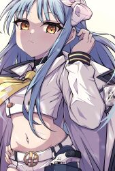  absurdres belt black_jacket blue_hair bow buttons closed_mouth collared_shirt cropped_shirt double-breasted female goddess_of_victory:_nikke gun hairbow hand_on_own_hip hand_up handgun highres holster id_card jacket jacket_on_shoulders kakuzatou_(cubesugar03196) long_hair long_sleeves looking_at_viewer navel neckerchief shirt short_shorts shorts sky_(nikke) solo standing two-sided_fabric two-sided_jacket weapon white_background white_bow white_jacket white_shirt yellow_eyes yellow_neckerchief 