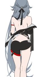  armlet ass asymmetrical_clothes back black_ribbon braid commentary english_commentary female from_behind grey_hair hair_ribbon half_up_braid herrscher_of_sentience highres honkai_(series) honkai_impact_3rd jewelry long_hair muunchilde ribbon simple_background solo very_long_hair white_background 