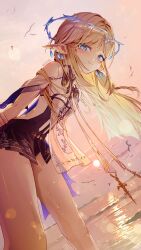  absurdres bare_legs bare_shoulders black_collar black_dress blonde_hair blue_eyes breasts cartethyia_(wuthering_waves) closed_mouth collar commentary crown_of_thorns dress dutch_angle earrings female highres jelmul jewelry leaning_forward legs long_hair looking_at_viewer ocean outdoors pointy_ears sidelocks small_breasts smile solo tabard tacet_mark_(wuthering_waves) thighs twitter_username white_tabard wuthering_waves 
