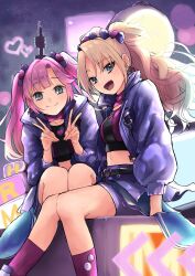  2girls :d above_cleavage_cutout absurdres anyoji_hime bad_id bad_twitter_id blast!!_(love_live!) blonde_hair blue_eyes blue_hair bow breasts closed_mouth collarbone commentary crop_top double_v english_commentary feet_out_of_frame gradient_hair hair_intakes hair_ornament hairbow heart heart_hair_ornament highres jacket link!_like!_love_live! long_hair long_sleeves looking_at_viewer love_live! medium_breasts mendo_(mend0o0_) midriff miniskirt mira-cra_park! multicolored_hair multiple_girls navel oerba_yun_fang official_alternate_costume official_alternate_hairstyle open_clothes open_jacket open_mouth osawa_rurino outdoors pink_hair pink_shirt pink_socks puffy_long_sleeves puffy_sleeves purple_bow purple_jacket purple_skirt shirt sidelocks sitting skirt smile socks split_mouth twintails v virtual_youtuber 