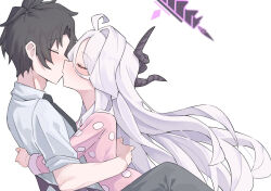  1boy absurdres ahoge ahti black_halo black_horns blue_archive blush closed_eyes demon_girl demon_horns demon_wings female hair_between_eyes halo highres hina_(blue_archive) hina_(pajamas)_(blue_archive) horns hug kissing long_hair long_hair_between_eyes long_sleeves multiple_horns official_alternate_costume pajamas pink_pajamas polka_dot polka_dot_pajamas polka_dot_shirt purple_wings sensei_(blue_archive) shirt simple_background very_long_hair white_background white_hair wings 