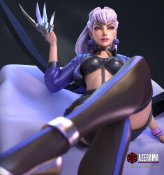  3d arm_at_side artist_name azerama between_breasts black_background black_bra black_choker black_garter_straps black_skirt black_thighhighs blue_jacket blurry blurry_foreground bra bracelet breasts chair choker claw_(weapon) cone_hair_bun cowboy_shot cropped_jacket cross-laced_clothes cross-laced_skirt crossed_legs demon_girl earrings evelynn_(league_of_legends) expressionless eyeshadow female finger_claws foot_out_of_frame foreshortening from_below garter_straps gem hair_bun hand_on_own_face hand_rest hand_up high-waist_skirt high_heels highres jacket jewelry k/da_(league_of_legends) k/da_all_out_evelynn lashers league_of_legends leather leather_bra leather_garter_straps leather_skirt long_hair looking_ahead makeup mature_female medium_breasts multicolored_jacket nose o-ring o-ring_top on_chair open_clothes open_hand open_jacket pale_skin parted_lips patreon_username pencil_skirt pink_lips pointed_bangs pom_pom_(clothes) pom_pom_earrings purple_claws purple_eyeshadow purple_gemstone purple_jacket silver_claws simple_background sitting skirt slit_pupils solo strap_between_breasts teeth thighhighs three-quarter_sleeves triangle two-tone_jacket underwear v-bangs v-shaped_eyebrows weapon white_hair yellow_eyes 