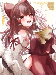  adapted_costume aridamikannn ascot between_fingers blush bow breasts brown_eyes brown_hair chest_sarashi commentary_request detached_sleeves female frilled_bow frilled_hair_tubes frills gohei hair_tubes hairbow hakurei_reimu highres hip_vent holding holding_gohei large_breasts long_hair looking_at_viewer ofuda ofuda_between_fingers open_mouth red_bow red_skirt ribbon-trimmed_sleeves ribbon_trim sarashi sideboob skirt skirt_set smile solo touhou very_long_hair yellow_ascot 