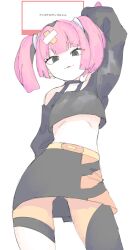  absurdres arm_up bandaid bandaid_hair_ornament black_eyes black_hair black_shirt black_skirt blunt_bangs coral_(pokemon) cropped_shirt female hair_ornament highres long_sleeves looking_at_viewer midriff mocamocaink multicolored_hair pink_hair pokemon pokemon_(anime) pokemon_horizons shirt skirt sleeves_past_fingers sleeves_past_wrists solo twintails two-tone_hair white_background 