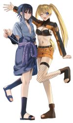 2girls ;d belt betti_(maron) blonde_hair blue_eyes boots brown_belt brown_boots cropped_jacket fishnet_thighhighs fishnets full_body genderswap_(mtf) grey_shirt grey_skirt highres jacket long_hair long_sleeves looking_at_viewer multiple_girls naruko_(naruto) naruto_(series) naruto_shippuuden navel one_eye_closed open-toe_boots open_mouth orange_shorts red_eyes rule_63 shirt short_hair short_sleeves shorts simple_background skirt smile standing standing_on_one_leg stomach striped_clothes striped_jacket sword sword_on_back teeth thighhighs tongue twintails uchiha_sasuke upper_teeth_only uzumaki_naruto weapon weapon_on_back white_background 