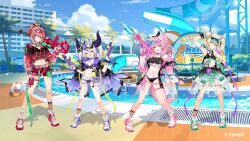  4girls :d ahoge animal_ears antenna_hair aqua_eyes arm_up ball beachball bikini bikini_under_clothes bikini_under_shorts black_bikini black_horns black_jacket blonde_hair blue_eyes blue_sky braid braided_bangs braided_bun breasts clothes_around_waist cloud commentary_request copyright_notice cropped_jacket crown_braid cumulonimbus_cloud day demon_horns double-parted_bangs double_bun eyewear_on_head feather_hair fishnet_socks fishnets flat_chest frilled_bikini frills full_body green_jacket grey_hair hair_between_eyes hair_bun hakui_koyori hand_on_own_hip hand_up hands_up hexagon_hair_ornament holding holding_rocket_launcher holding_sword holding_water_gun holding_weapon hololive holox horns ishihara_(kuniyoshi) jacket jacket_around_waist jacket_on_shoulders katana la+_darknesss large_breasts layered_bikini looking_at_viewer medium_hair midriff multicolored_hair multiple_girls navel official_alternate_costume official_alternate_hairstyle official_art open_fly open_mouth outdoors palm_tree pink_hair pointy_ears ponytail purple_eyes purple_hair red_jacket red_shorts rocket_launcher round_eyewear see-through_clothes see-through_jacket shoes short_hair shorts sidelocks sky small_breasts smile sneakers snorkel_mask socks stomach streaked_hair striped_horns swimsuit sword tail takane_lui tree virtual_youtuber visor_cap water_gun water_slide waterpark weapon white_background wolf_ears wolf_girl yellow_eyes 
