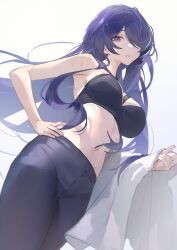  absurdres acheron_(honkai:_star_rail) after3310 alternate_costume black_leggings black_pants black_sports_bra blue_eyes blue_hair breasts commentary crop_top female from_below hair_over_one_eye hand_on_own_hip highres honkai:_star_rail honkai_(series) large_breasts leggings long_hair looking_at_viewer midriff navel pants simple_background solo sports_bra sweat towel towel_on_arm white_background 