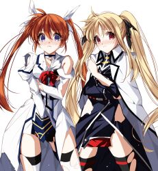  2girls black_bow black_dress black_gloves black_thighhighs blonde_hair blue_eyes blue_sleeve_cuffs blush bow bowtie breasts brown_hair buttons closed_mouth coat coat_on_shoulders collared_coat collared_shirt commentary commission covering_privates cowboy_shot dress embarrassed eyelashes fate_testarossa fate_testarossa_(impulse_form) fingerless_gloves frown gloves hair_between_eyes hairbow hand_on_own_chest highres juliet_sleeves lapels legs_apart light_particles long_dress long_hair long_sleeves looking_at_viewer lyrical_nanoha magical_girl mahou_shoujo_lyrical_nanoha_strikers miniskirt misteor multiple_girls notched_lapels open_clothes open_coat pleated_skirt puffy_sleeves red_bow red_bowtie red_eyes shirt simple_background single_bare_shoulder skeb_commission skirt sleeve_cuffs sleeves_past_wrists standing takamachi_nanoha takamachi_nanoha_(aggressor_mode) tareme thighhighs torn_clothes torn_coat torn_dress torn_shirt torn_thighhighs twintails white_background white_bow white_coat white_shirt white_skirt white_thighhighs 