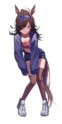  absurdres animal_ears bike_shorts black_shorts blue_flower blue_rose breasts brown_hair brown_thighhighs cleavage collarbone commentary dressing female flower flower_hairband full_body grey_shoes hair_intakes hair_over_one_eye hairband hashtag-only_commentary highres hood hood_down hooded_jacket horse_ears horse_girl horse_tail jacket leaning_forward long_hair long_sleeves medium_breasts navel one_eye_closed open_clothes open_jacket purple_eyes purple_hairband purple_jacket red_sports_bra rice_shower_(umamusume) rose shoes shorts simple_background sleeves_past_wrists sneakers solo sports_bra stomach tail thighhighs umamusume white_background woongbi 