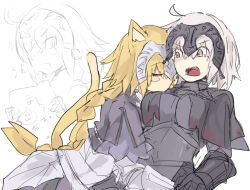  2girls :3 animal_ears black_headdress blonde_hair blush_stickers breasts cat_ears cat_girl cat_tail closed_eyes dark_persona fate/grand_order fate_(series) gauntlets hug jeanne_d&#039;arc_(fate) jeanne_d&#039;arc_alter_(fate) large_breasts long_braid long_hair multiple_girls rn_(radon&#039;ya) tail very_long_hair white_background white_hair yellow_eyes 
