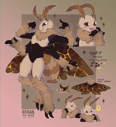  2_toes 4_arms 5_fingers anthro arthropod arthropod_abdomen biped black_sclera blush bodily_fluids brown_background brown_body brown_fur cesarumbrage english_text feet fingers floof_(binaryfloof) fur gender_symbol heart_symbol hi_res insect_wings insects kintsugi_(art) lepidopteran lepidopteran_wings male_symbol model_sheet moth multi_arm multi_limb open_mouth ruff simple_background symbol tears text toes watermark white_eyes wings 