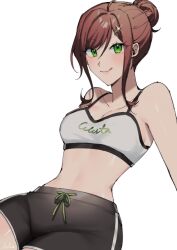  :q bare_shoulders black_shorts breasts brown_hair camisole closed_mouth collarbone crop_top dolphin_shorts drawstring female green_eyes hair_bun hair_ornament hairclip highres indie_virtual_youtuber lilia_(lilia_uwu) looking_at_viewer medium_breasts medium_hair midriff miori_celesta miori_celesta_(6th_costume) navel official_alternate_costume shirt short_shorts shorts sidelocks simple_background sitting sleeveless sleeveless_shirt smile solo spaghetti_strap stomach tongue tongue_out virtual_youtuber white_background white_shirt 