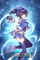  aiming backlighting belt beret blue_background blue_belt blue_eyes blue_hair blue_hat blue_jacket blue_leotard blue_skirt blue_theme boots breasts card_(medium) character_name clothing_cutout collared_jacket crossed_belts d_n dual_wielding eyelashes female floating_clothes floating_hair foot_out_of_frame game_cg gloves gun hair_between_eyes handgun hat high_heel_boots high_heels holding holding_gun holding_weapon holster jacket lapels leg_up leotard light_particles long_hair magia_record:_mahou_shoujo_madoka_magica_gaiden magic magical_girl mahou_shoujo_madoka_magica mahou_shoujo_suzune_magica microskirt notched_lapels official_art open_clothes open_jacket open_mouth outline outstretched_arm pom_pom_(clothes) ponytail senri_gan shion_chisato short_sleeves skirt small_breasts solo stomach_cutout two-tone_leotard v-shaped_eyebrows weapon white_footwear white_gloves white_leaf white_outline 