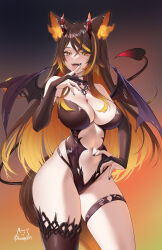  achromaru animal_ears breasts brown_hair cleavage demon_horns demon_wings female highres horns indie_virtual_youtuber large_breasts leotard long_hair multicolored_hair navel sinder_(vtuber) single_thighhigh streaked_hair tail thigh_strap thighhighs virtual_youtuber wings wolf_ears wolf_girl wolf_tail 