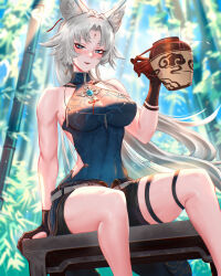  animal_ears bare_shoulders black_gloves black_shorts blue_shirt blush bottle breasts commentary feet_out_of_frame feixiao_(honkai:_star_rail) female forehead_jewel fox_ears fox_girl gloves green_eyes highres holding holding_bottle honkai:_star_rail honkai_(series) large_breasts long_hair looking_at_viewer mcdobo no_coat on_bench outdoors parted_bangs parted_lips shirt shorts sidelocks sitting smile solo toned_female very_long_hair white_hair 