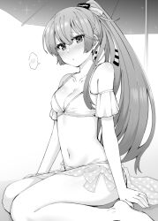  barefoot bikini breasts cleavage detached_sleeves female greyscale hair_ribbon highres kantai_collection kazagumo_(kancolle) kazagumo_kai_ni_(kancolle) kazagumo_kai_ni_(swimsuit_mode)_(kancolle) long_hair monochrome navel official_alternate_costume ponytail ribbon rui_shi_(rayze_ray) sarong sitting small_breasts solo swimsuit wariza 