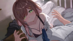  1boy 3: absurdres backlighting bare_shoulders black_bra blurry bra breasts brown_hair cleavage clothes_grab commission depth_of_field dress_shirt female from_above green_eyes hair_ornament hairclip highres indie_virtual_youtuber lingerie long_hair long_sleeves looking_at_viewer looking_up medium_breasts miori_celesta mole mole_on_armpit necktie necktie_grab neckwear_grab nen_0405 off_shoulder open_clothes open_shirt pov shirt skeb_commission solo_focus sweatdrop underwear virtual_youtuber white_shirt 