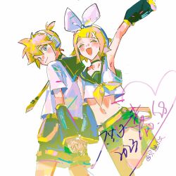  1boy arm_up arm_warmers black_arm_warmers black_choker black_sailor_collar black_shorts blonde_hair blue_eyes bow chinese_commentary choker closed_eyes closed_mouth commentary_request crop_top dated female hair_ornament hairbow hairclip headphones heart highres holding_hands iuew kagamine_len kagamine_rin open_mouth sailor_collar sailor_shirt shirt short_hair short_sleeves shorts simple_background sleeveless sleeveless_shirt smile vocaloid white_background white_bow white_shirt x_hair_ornament 