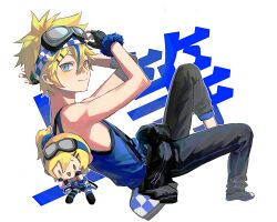  1boy absurdres black_gloves black_jacket black_pants blonde_hair blue_eyes blue_hair blue_tank_top chibi chinese_commentary chinese_text closed_mouth clothes_around_waist commentary_request female fur-trimmed_gloves fur_trim gloves goggles goggles_on_head hair_between_eyes hair_ornament hairclip heterochromia highres iuew jacket jacket_around_waist kagamine_len kagamine_rin multicolored_hair pants red_eyes short_hair side_ponytail smile streaked_hair tank_top translation_request vocaloid white_background 