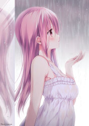  armpits blush breasts commentary dress female frilled_dress frills from_side highres long_hair looking_ahead march-bunny original pink_eyes pink_hair rain reflection sleeveless sleeveless_dress small_breasts solo straight_hair upper_body water_drop wet wet_clothes white_dress 