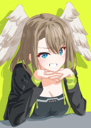  black_jacket blue_eyes blush breasts brown_hair cleavage commentary_request eunie_(xenoblade) female green_background head_rest head_wings jacket kageyasu large_breasts looking_at_viewer medium_hair open_clothes open_jacket own_hands_together parted_bangs raised_eyebrow simple_background smile solo teeth wings xenoblade_chronicles_(series) xenoblade_chronicles_3 