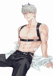  1boy abs bandaid bare_pectorals belt black_belt black_pants blue_horns chest_strap closed_mouth collarbone cowboy_shot demon_horns grey_hair hair_between_eyes highres horns looking_at_viewer love_and_deepspace male_focus navel nipples open_clothes open_shirt orihara0820 pants pectorals shirt short_hair simple_background solo stomach toned toned_male white_background white_shirt xavier_(love_and_deepspace) 