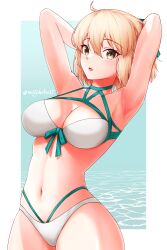  armpits arms_behind_head bikini blonde_hair breasts cleavage commentary english_commentary fate/grand_order fate_(series) female green_eyes highres large_breasts looking_at_viewer motokebo17 navel okita_j._souji_(fate) okita_j._souji_(third_ascension)_(fate) okita_souji_(fate) simple_background solo stomach swimsuit thighs twitter_username white_background white_bikini 