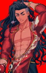  1boy abs absurdly_long_hair absurdres arm_up black_eyes black_hair black_pants bracelet collarbone cowboy_shot ear_piercing earrings gourd hand_in_own_hair highres holding holding_gourd jamie_siu jewelry long_hair looking_at_viewer male_focus matapon_(popoponex) navel open_clothes open_robe pants parted_lips pectorals piercing puff_of_air red_background red_robe robe rope_belt simple_background solo street_fighter street_fighter_6 stud_earrings v-shaped_eyebrows very_long_hair xiangyun yellow_rope yellow_trim 