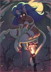  :&lt; absurdres animal_ears animal_hands backlighting bare_shoulders bare_tree big_hair blood blood_on_hands blue_hair body_fur border breasts bright_pupils cat_ears cat_girl cat_paws cat_tail claws cloud dark-skinned_female dark_skin darkstalkers disembodied_eye dripping felicia_(darkstalkers) female fire full_moon glowing glowing_eyes highres lamppost light_frown long_hair looking_at_viewer medium_breasts monster_girl moon night night_sky orange_border perching sky solo squatting tail tidywire tree twitter_username white_fur white_pupils yellow_eyes 