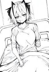  amputee antenna_hair arknights bags_under_eyes bandaged_arm bandages bandaid bandaid_on_cheek bandaid_on_face bed closed_mouth commentary_request female greyscale hair_between_eyes highres hospital_bed indoors makigirisu missing_limb monochrome shirt short_hair short_sleeves sitting smile solo t-shirt w_(arknights) 