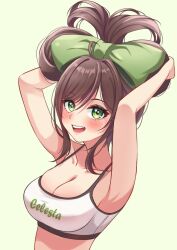  ahoge armpits arms_behind_head arms_up bare_arms bare_shoulders bow breasts brown_hair c_turtle camisole cinnamiku cleavage collarbone crop_top english_commentary female folded_twintails green_eyes hairbow hatsune_miku indie_virtual_youtuber large_breasts long_hair looking_at_viewer midriff miori_celesta miori_celesta_(6th_costume) official_alternate_costume open_mouth sanrio shirt simple_background skindentation sleeveless sleeveless_shirt smile solo spaghetti_strap strap_gap upper_body virtual_youtuber vocaloid white_background white_shirt 