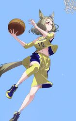  air_messiah_(umamusume) animal_ears ball bare_shoulders basketball_(object) basketball_hoop basketball_jersey blue_background breasts brown_hair clothes_lift clothes_writing detached_sleeves ear_ornament female glasses hair_ornament hairclip highres holding holding_ball horse_ears horse_girl horse_tail jumping midriff_peek navel open_mouth pink_eyes shirt shirt_lift shoes short_hair shorts simple_background small_breasts sneakers socks solo sweat tail umamusume white_socks yakupan yellow_footwear yellow_shirt yellow_shorts 